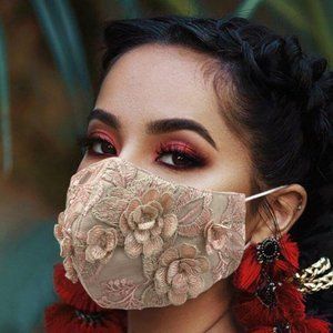 2 Beige and Rose Lace Linen Face mask, Art face mask